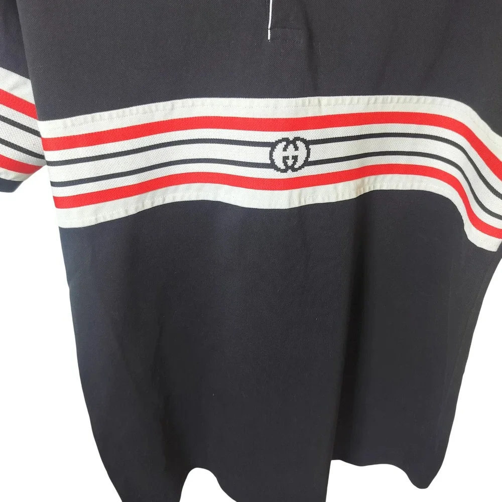 Gucci Mens Interlocking‎ G Striped Polo Shirt Black Red White Short Sleeve